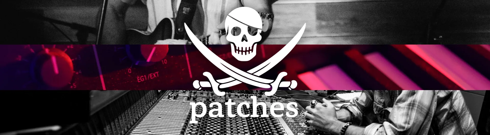 Musician performing with guitar and Patches brand logo